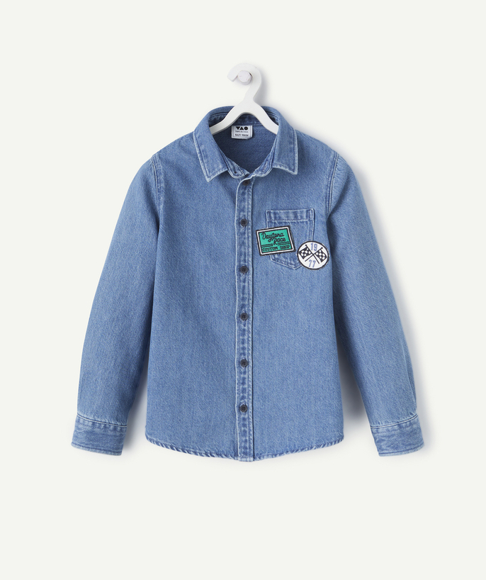 Shirt - Polo Tao Categories - cotton and blue denim boy's shirt with pocket and track-themed patches