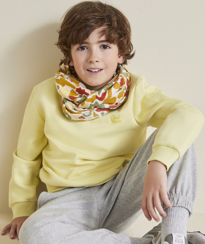 Campus spirit Tao Categories - BOY'S YELLOW RECYCLED-FIBER SWEATER WITH EMBROIDERED MESSAGE