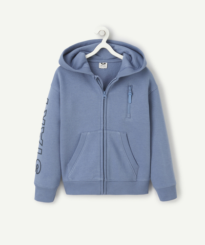 New colour palette Tao Categories - ORGANIC COTTON BOY'S BLUE HOODIE WITH MESSAGE ON SLEEVE