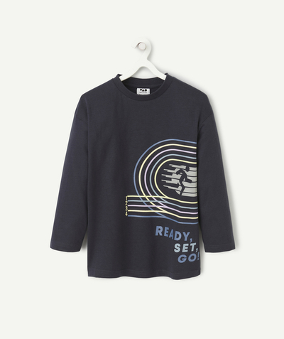 Low-priced looks Tao Categories - BOY'S LONG-SLEEVED ORGANIC COTTON T-SHIRT NAVY BLUE SPORTS THEME