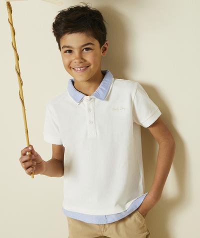 ECODESIGN Kategorie TAO - Biało-niebieska koszulka polo z krótkim rękawem dla chłopca z bawełny organicznej z efektem 2 w 1