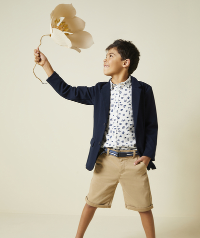 Special Occasion Collection Tao Categories - LIGHT BROWN BOY'S BERMUDA SHORTS WITH NAVY BLUE WAISTBAND