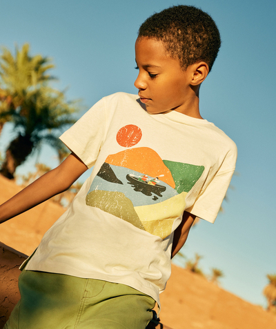 New In Tao Categories - boy's short-sleeved t-shirt in ecru organic cotton with canoe theme