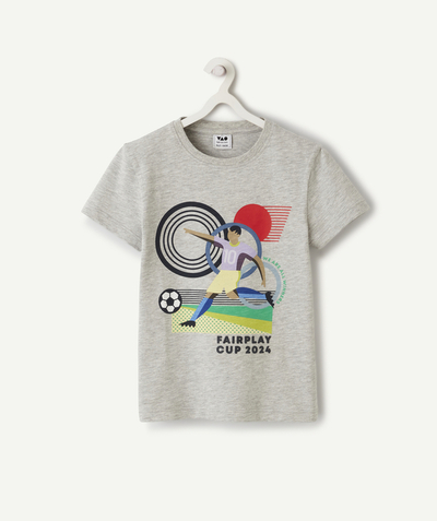 Nieuwe collectie Tao Categorieën - T-shirt met korte mouwen voor jongens in grijs biologisch katoen met voetbalmotief