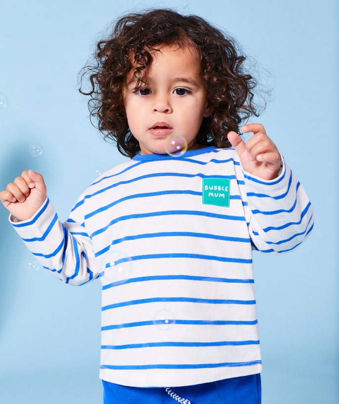 Clothing Tao Categories - LONG-SLEEVED BABY BOY T-SHIRT IN WHITE ORGANIC COTTON WITH BLUE STRIPES