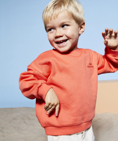 New colour palette Tao Categories - BABY BOY SWEATSHIRT IN ORANGE RECYCLED FIBERS WITH MESSAGE
