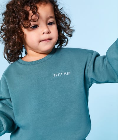 Baby boy Tao Categories - GREEN RECYCLED FIBER BABY BOY SWEATSHIRT WITH EMBROIDERED MESSAGE LITTLE GUY