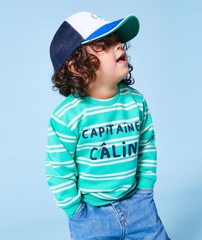 New colour palette Tao Categories - RECYCLED FIBER BABY BOY SWEATSHIRT WITH STRIPES CAPTAIN CUDDLY THEME