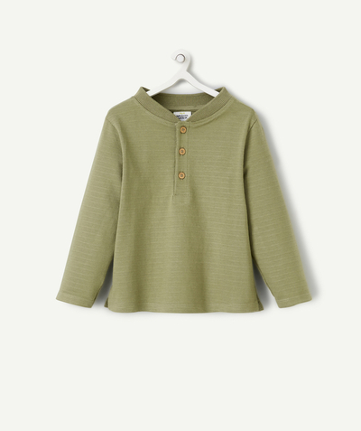 New colour palette Tao Categories - LONG-SLEEVED BABY BOY T-SHIRT IN KHAKI COTTON WITH BUTTONS