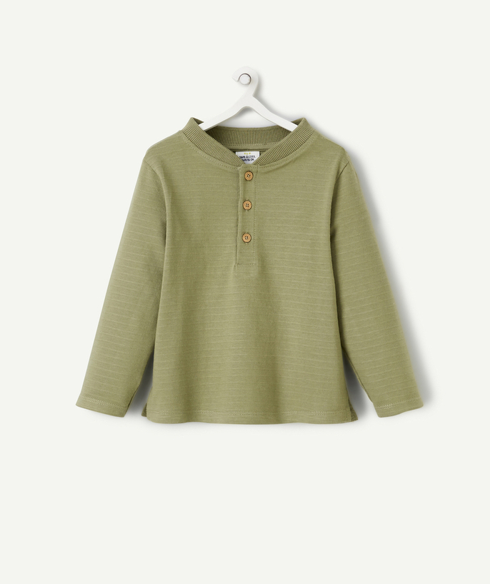 Clothing Tao Categories - LONG-SLEEVED BABY BOY T-SHIRT IN KHAKI COTTON WITH BUTTONS