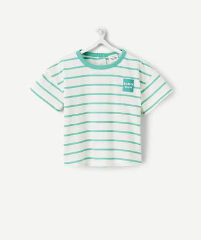 Baby boy Tao Categories - BABY BOY SHORT-SLEEVED T-SHIRT IN WHITE ORGANIC COTTON WITH GREEN STRIPES
