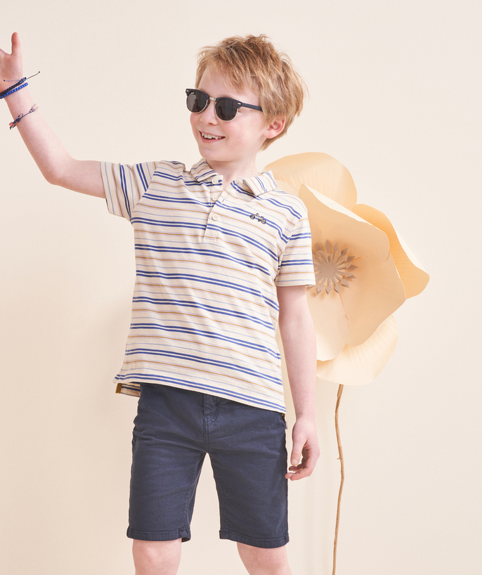 Chłopiec Kategorie TAO - Koszulka polo chłopięca w paski z krótkim rękawem i haftem rowerowym