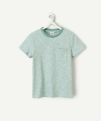 New In Tao Categories - boy's t-shirt in green organic cotton with pocket and fine stripe print