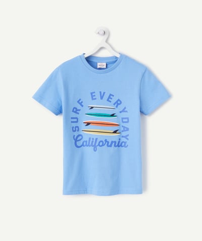 Child Tao Categories - short-sleeved t-shirt for boys in blue organic cotton with embroidered surfboards