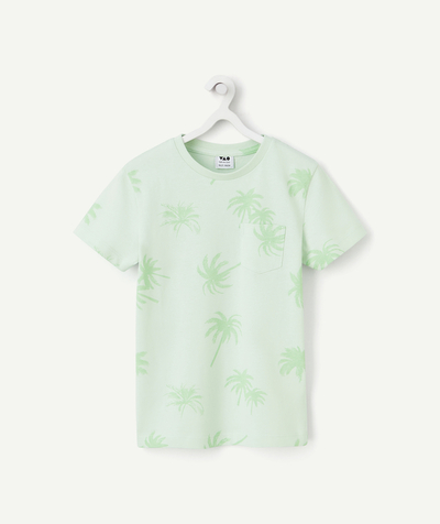 New colour palette Tao Categories - SHORT-SLEEVED T-SHIRT FOR BOYS IN GREEN ORGANIC COTTON WITH PALM TREES