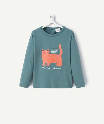 Low-priced looks Tao Categories - LONG-SLEEVED BABY BOY T-SHIRT IN GREEN ORGANIC COTTON WITH CAT MOTIF