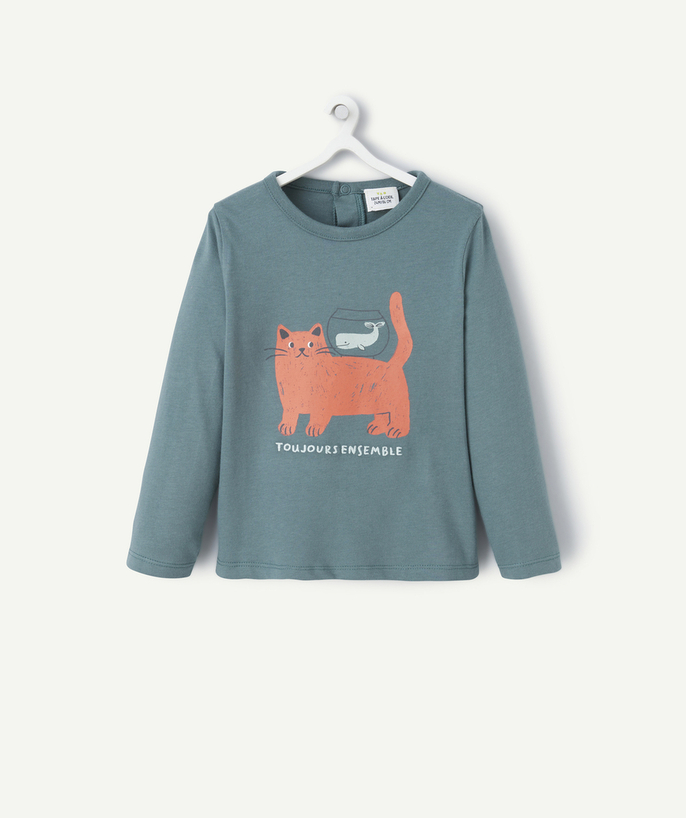 T-shirt - undershirt Tao Categories - LONG-SLEEVED BABY BOY T-SHIRT IN GREEN ORGANIC COTTON WITH CAT MOTIF