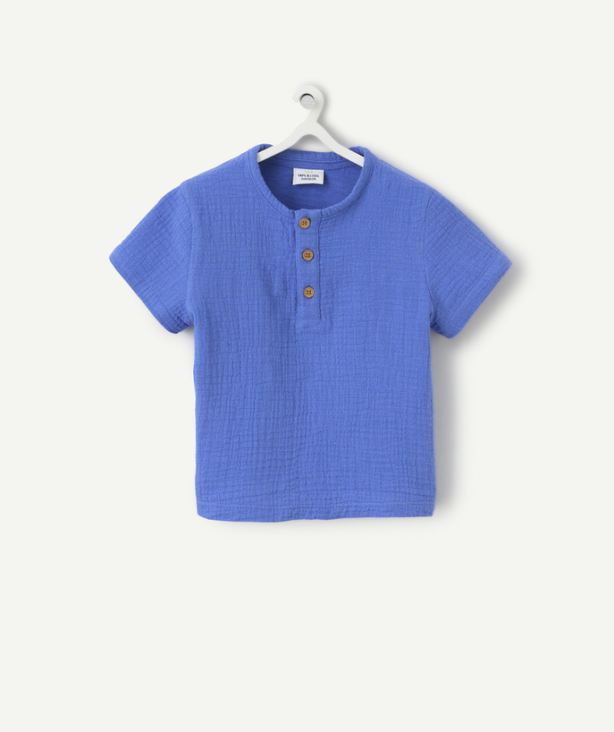 New collection Tao Categories - baby boy short-sleeved t-shirt in royal blue cotton gauze