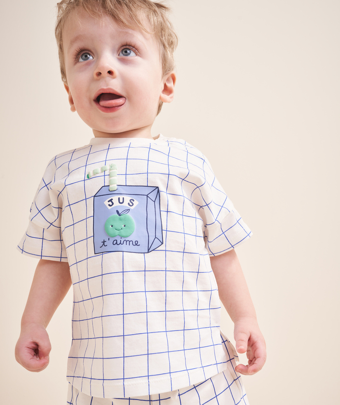 T-shirt - onderhemd Tao Categorieën - T-shirt voor babyjongens in wit biokatoen met sap ruitjesmotief