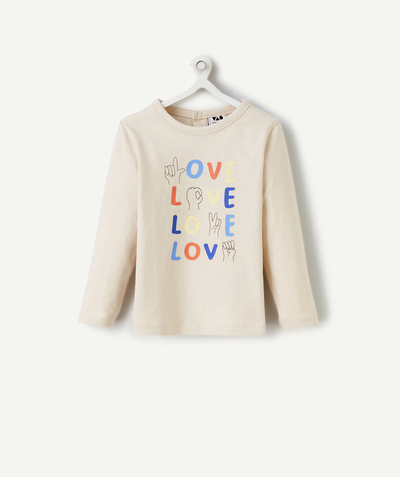 Low-priced looks Tao Categories - LONG-SLEEVED BABY BOY T-SHIRT IN BEIGE ORGANIC COTTON WITH LOVE MOTIF