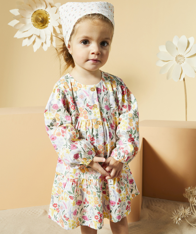 Dress Tao Categories - LONG-SLEEVED BABY GIRL DRESS IN ORGANIC COTTON WITH FLORAL PRINT