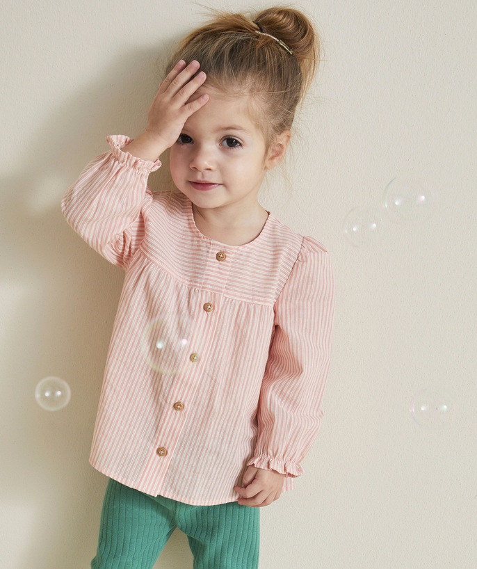 Shirt - Blouse Tao Categories - PINK STRIPED BABY GIRL BLOUSE WITH OPENWORK DETAILS