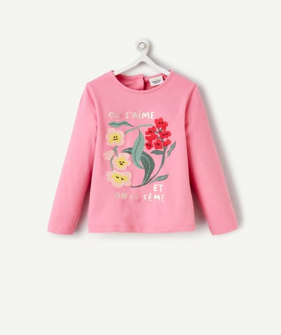Baby girl Tao Categories - LONG-SLEEVED BABY GIRL T-SHIRT IN PINK ORGANIC COTTON WITH EMBROIDERED FLOWER MOTIF