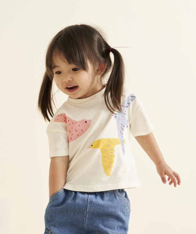Special Occasion Collection Tao Categories - SHORT-SLEEVED BABY GIRL T-SHIRT IN ECRU ORGANIC COTTON WITH BIRD MOTIF