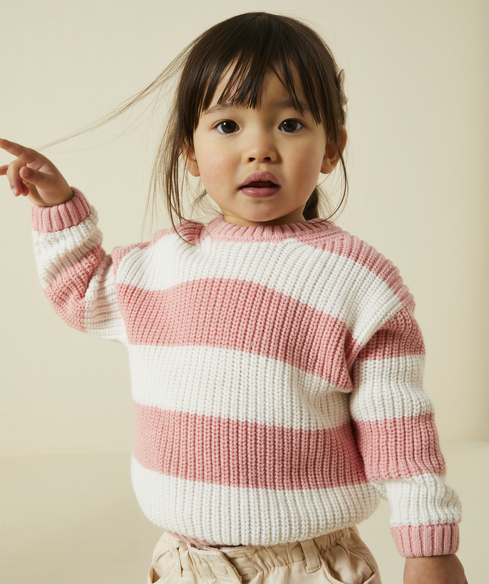 Baby girl Tao Categories - BABY GIRL KNITTED SWEATER IN ORGANIC COTTON WITH PINK AND WHITE STRIPES