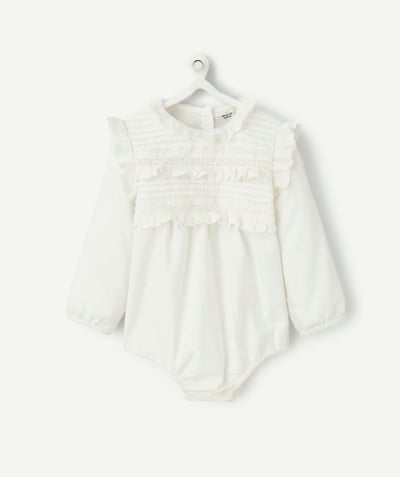Special Occasion Collection Tao Categories - WHITE BABY GIRL ROMPER WITH EMBROIDERY AND GATHERS
