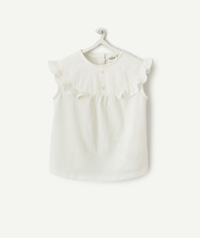 T-shirt - podkoszulek Kategorie TAO - Podkoszulek dla dziewczynki z białej bawełny organicznej z haftowanymi falbankami
