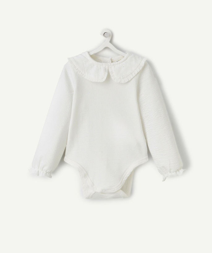 T-shirt - undershirt Tao Categories - baby girl bodysuit in ribbed ecru organic cotton with claudine collar