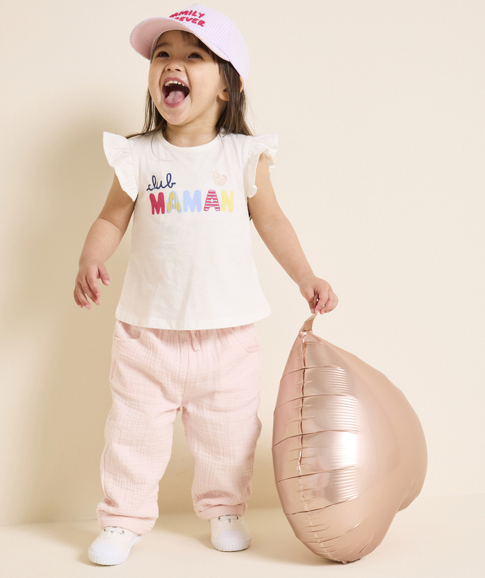 Trousers Tao Categories - baby girl straight pants in pastel pink cotton gauze