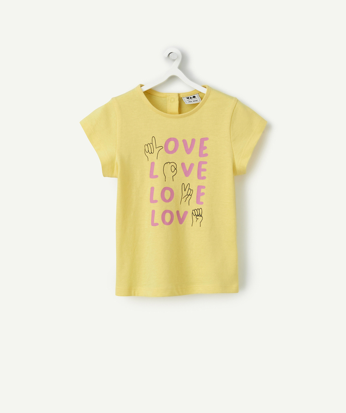 T-shirt - undershirt Tao Categories - SHORT-SLEEVED BABY GIRL T-SHIRT IN YELLOW ORGANIC COTTON WITH LOVE MOTIF