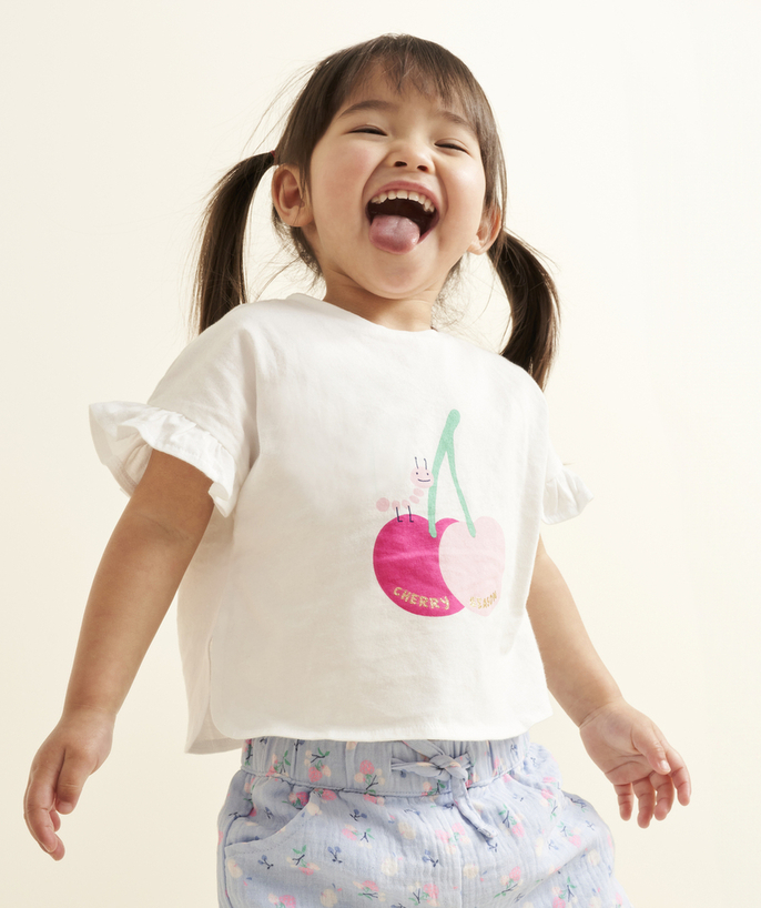 Nieuwe collectie Tao Categorieën - T-shirt met korte mouwen en animatie in wit biologisch katoen voor babymeisjes