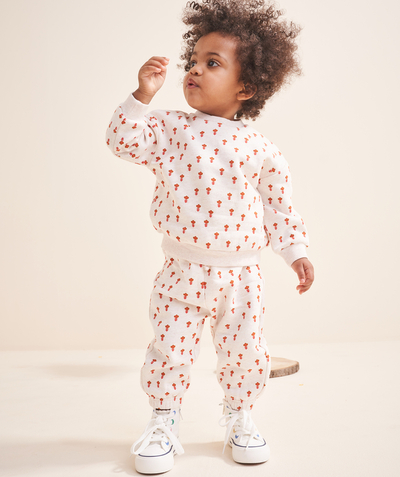Baby girl Tao Categories - BABY GIRL JOGGING SUIT IN ECRU MOTTLED RECYCLED FIBERS WITH ORANGE FLORAL PRINT