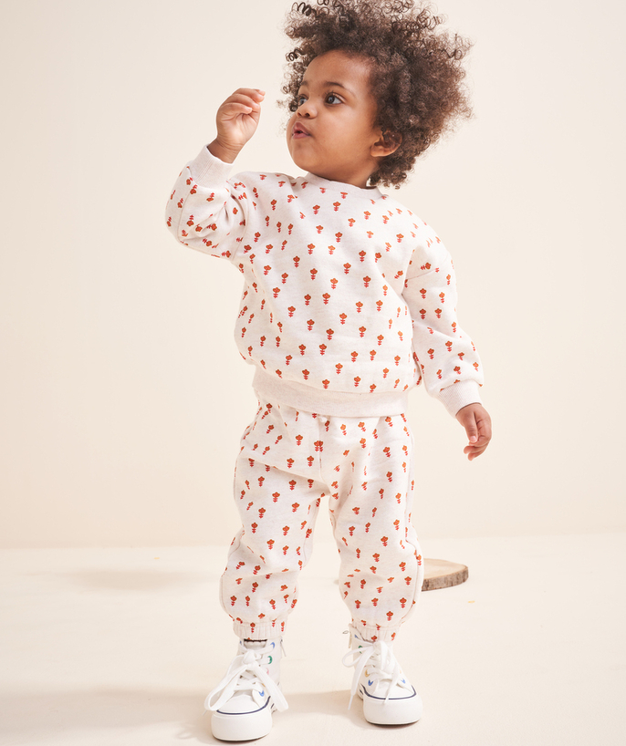 ECODESIGN Tao Categories - BABY GIRL JOGGING SUIT IN ECRU MOTTLED RECYCLED FIBERS WITH ORANGE FLORAL PRINT