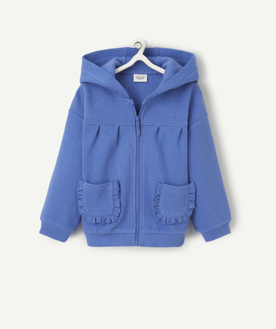 Swetry i bluzy rozpinane - Kamizelki Kategorie TAO - Kardigan z kapturem dla dziewczynki z niebieskiego materiału o strukturze plastra miodu