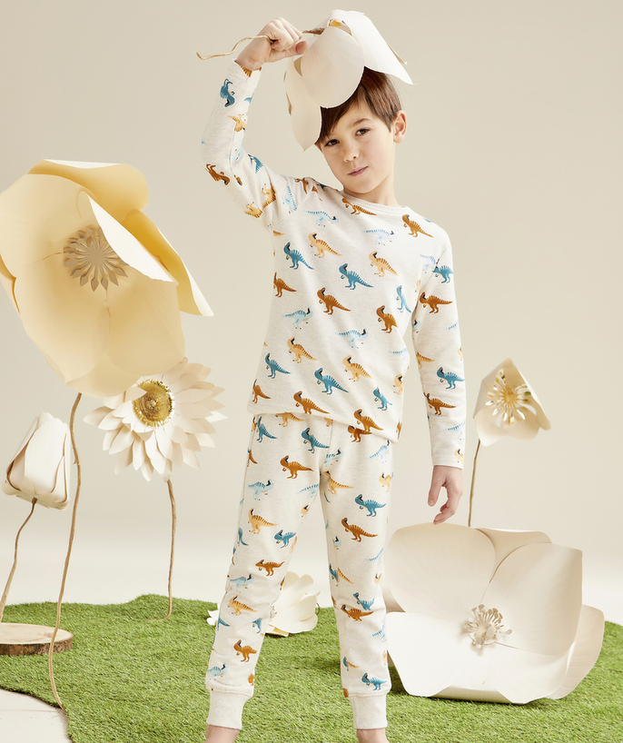 Pyjama Categories Tao - PYJAMA MANCHES LONGUES GARÇON EN COTON BIO ÉCRU CHINÉ IMPRIMÉ DINOSAURE