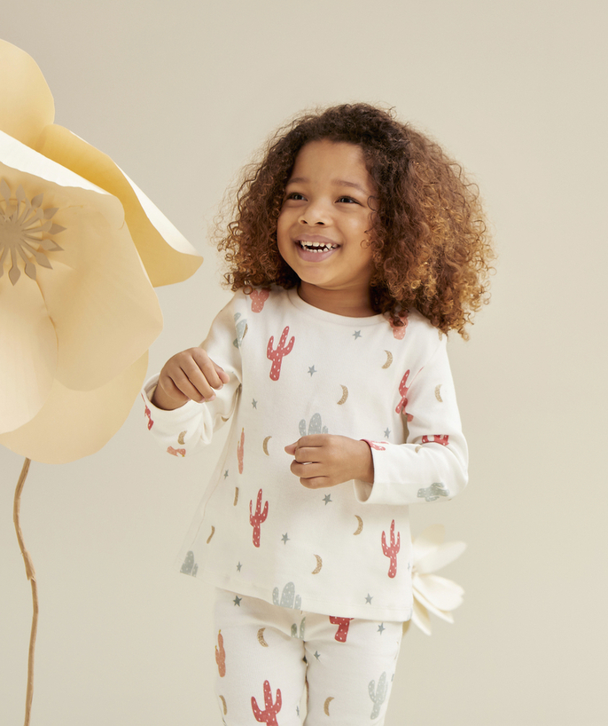 Outlet Tao Categories - WHITE ORGANIC COTTON GIRL'S RIBBED PYJAMAS WITH CACTUS AND MOON PRINT