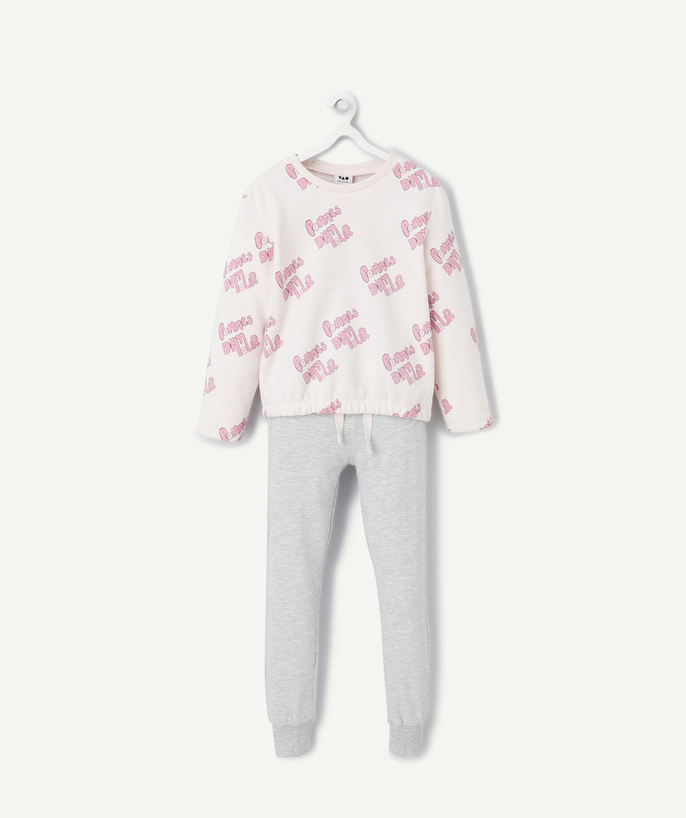Nightwear Tao Categories - ORGANIC COTTON GIRL'S PYJAMAS IN PINK AND MOTTLED GREY WITH LOVE APPLES PRINT