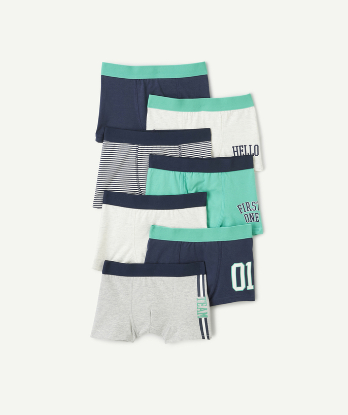 Underwear Tao Categories - SET OF 7 BOYS' BOXER SHORTS IN GREEN, NAVY BLUE AND GREY ORGANIC COTTON