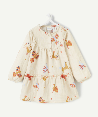 Baby girl Tao Categories - LONG-SLEEVED BABY GIRL DRESS IN BEIGE ORGANIC COTTON WITH COLORFUL ANIMAL PRINT