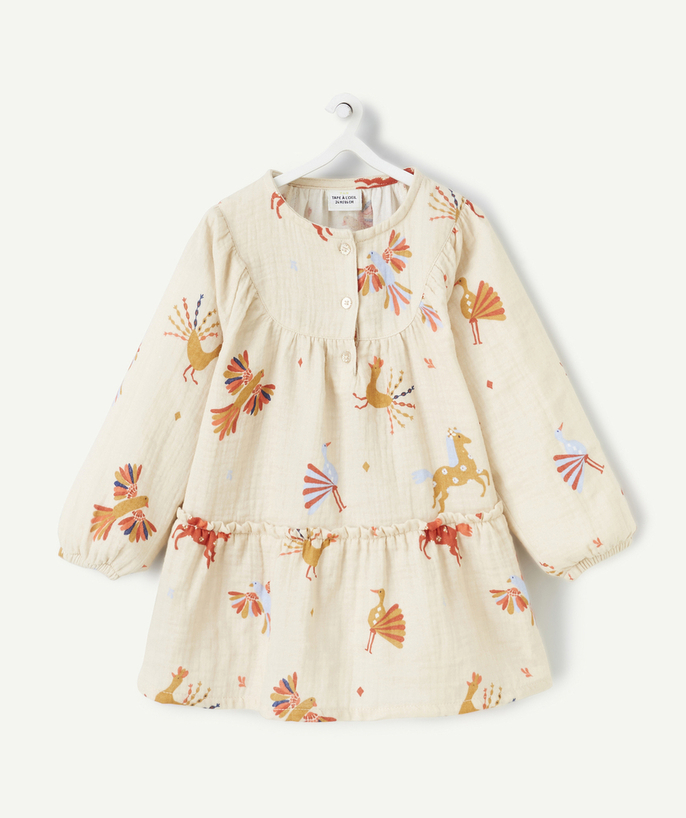 Dress Tao Categories - LONG-SLEEVED BABY GIRL DRESS IN BEIGE ORGANIC COTTON WITH COLORFUL ANIMAL PRINT