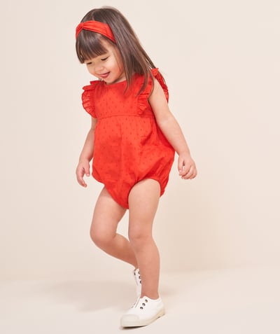 Nouvelle collection Categories Tao - barboteuse bébé fille en coton bio rouge avec turban assorti