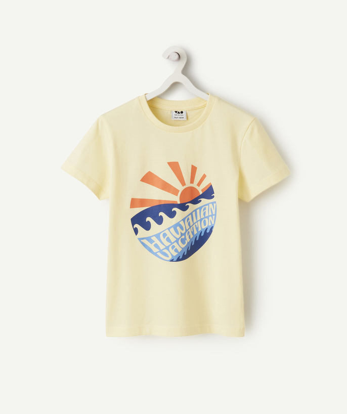 Camiseta Categorías TAO - Camiseta de manga corta de niño de algodón orgánico amarillo con motivo hawaiano