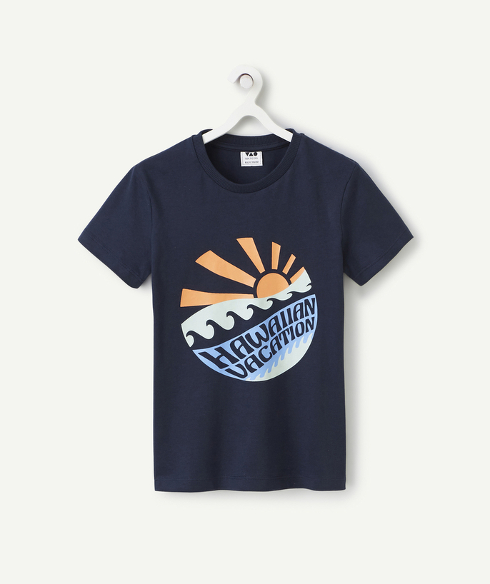 Kleding Tao Categorieën - Jongens-T-shirt met korte mouwen in blauw biokatoen met vakantiethema
