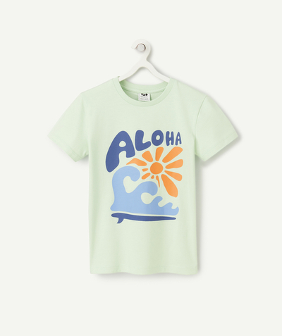 Dzieci Kategorie TAO - chłopięca koszulka z krótkim rękawem z zielonej bawełny organicznej z motywem aloha