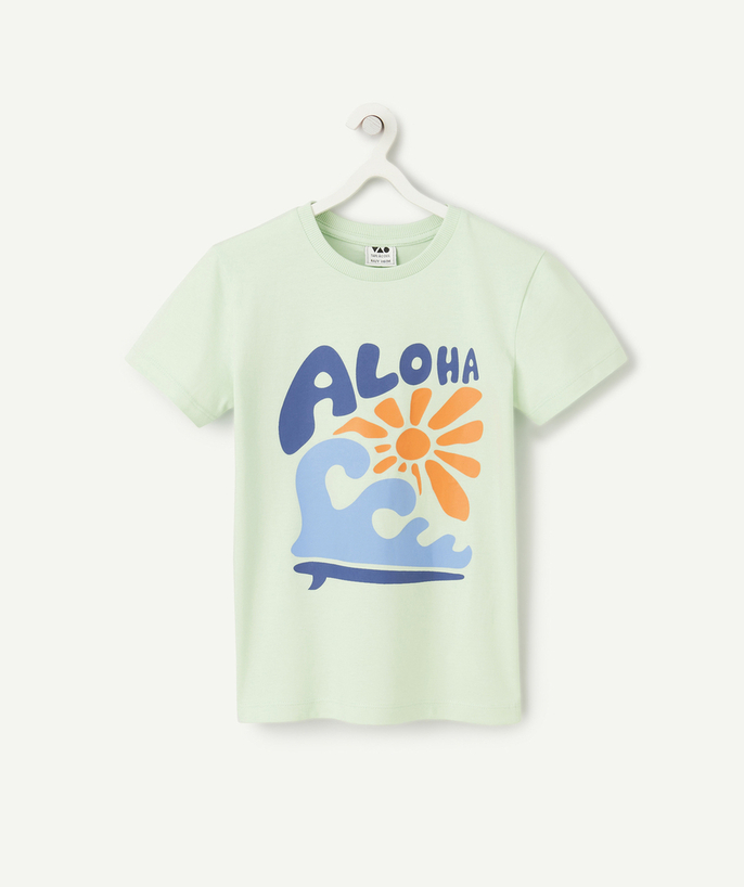 T-shirt Tao Categorieën - Jongens-T-shirt met korte mouwen in groen biologisch katoen met aloha-thema