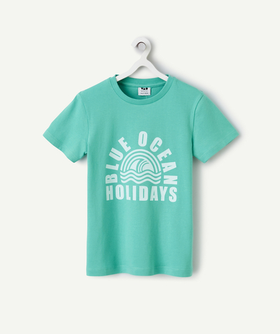 Boy Tao Categories - SHORT-SLEEVED T-SHIRT FOR BOYS IN GREEN ORGANIC COTTON WITH OCEAN MOTIF